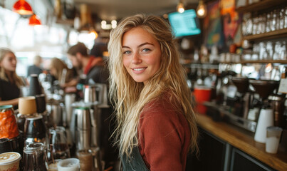 A smiling barista wearing a red sweater and green apron stands at a coffee shop counter, behind a glass partition with other baristas in the background.