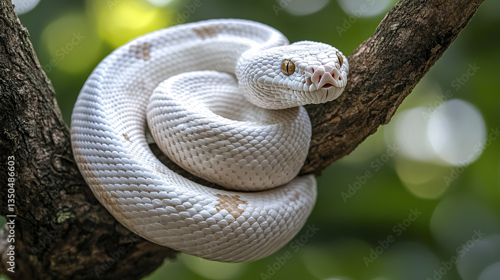 Poster white snake coiled on tree branch in forest setting