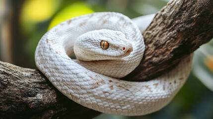 Fototapeta premium White snake coiled on tree branch in natural setting