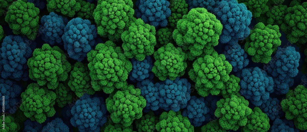 Poster a vibrant close-up of abstract green and blue clustered shapes resembling coral or microscopic organ