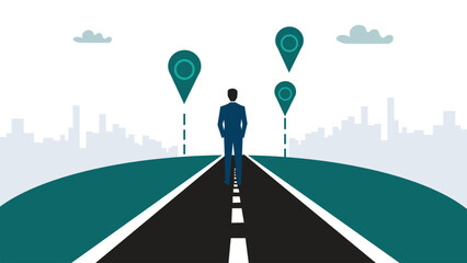 Success roadmap journey, milestone or career path achievement, route or pathway to achieve goals, accomplishment, assessment or way to success, businessman look at achievement milestone to success