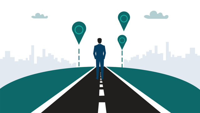 Success roadmap journey, milestone or career path achievement, route or pathway to achieve goals, accomplishment, assessment or way to success, businessman look at achievement milestone to success