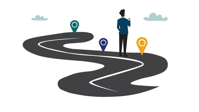 Success roadmap journey, milestone or career path achievement, route or pathway to achieve goals, accomplishment, assessment or way to success, businessman look at achievement milestone to success