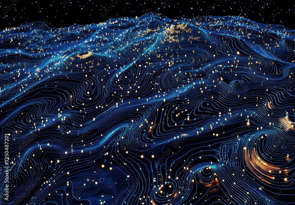 Poster abstract digital landscape with luminous stars and flowing blue lines representing data waves and co
