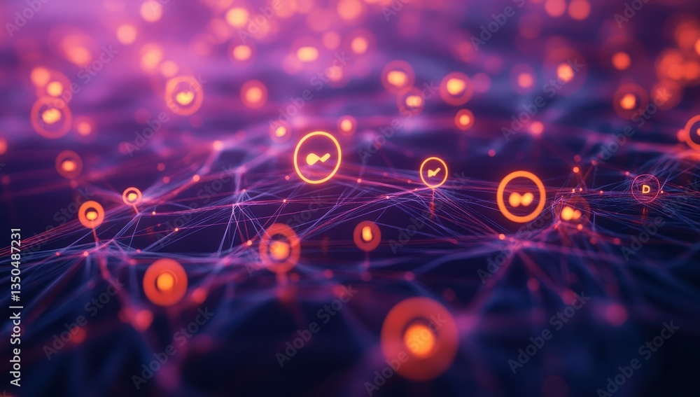 Poster abstract digital network background with glowing orange nodes on dark backdrop, symbolizing connecti