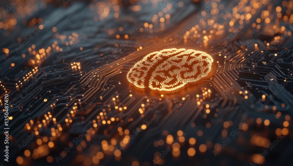 Poster abstract digital representation of a glowing brain on a circuit board background, symbolizing techno