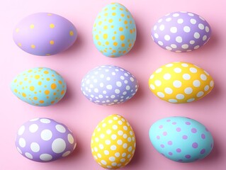 Obraz premium Nine Decorated Easter Eggs Arranged on a Pastel Pink Background