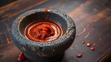 Vibrant close-up of a richly textured, handmade molcajete crafted from dark grey volcanic stone, glistening with a thick, fiery red chile de arbol sauce, on a worn, dark brown wooden table