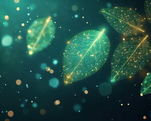 An eco-innovative digital scene featuring luminous green leaves integrated with golden circuitry, with the leaves gently floating in space