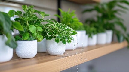 Fototapeta premium Potted plants on a shelf with water dripping