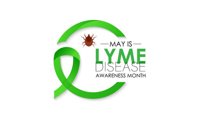 Vector illustration of lyme disease awareness month is observed every year in May. Promote measures to prevent tick bites. Green Realistic Ribbon and tick parasitic arachnid silhouette icon banner.