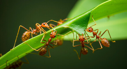 red ants on leaf, biting the leaf