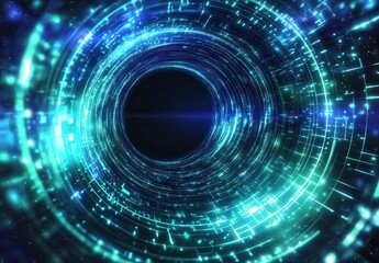 Obraz premium Abstract Digital Tunnel with Vibrant Blue and Green Light Trails Illustrating Depth and Motion in a Cosmic Environment