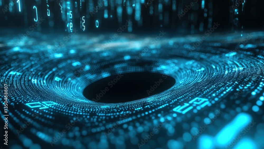 Poster abstract digital vortex with glowing blue code and binary numbers swirling into black hole, represen