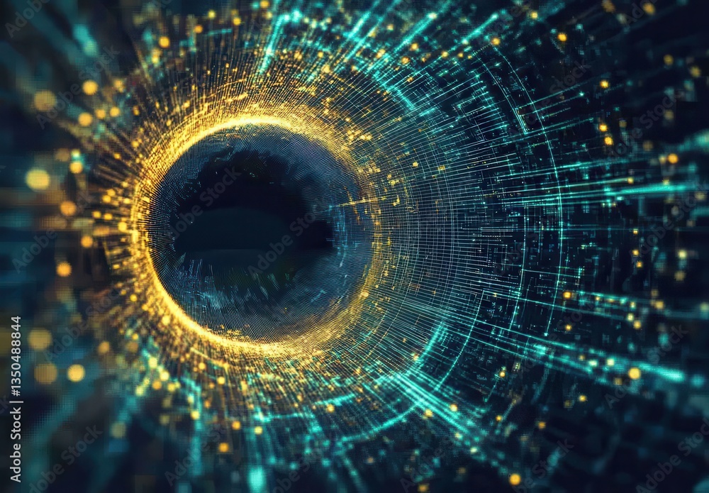 Poster abstract digital vortex with glowing particles and intricate lines representing technology, data flo