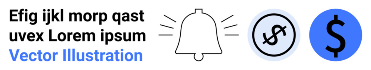 Notification bell emitting signals alongside currency icons in black and blue. Ideal for finance, alerts, payments, savings, updates, mobile apps, simple landing page