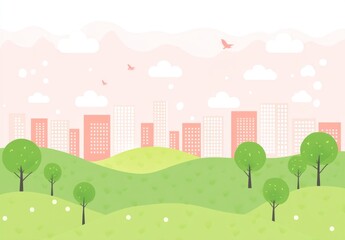 A vibrant illustration depicting city buildings and green spaces