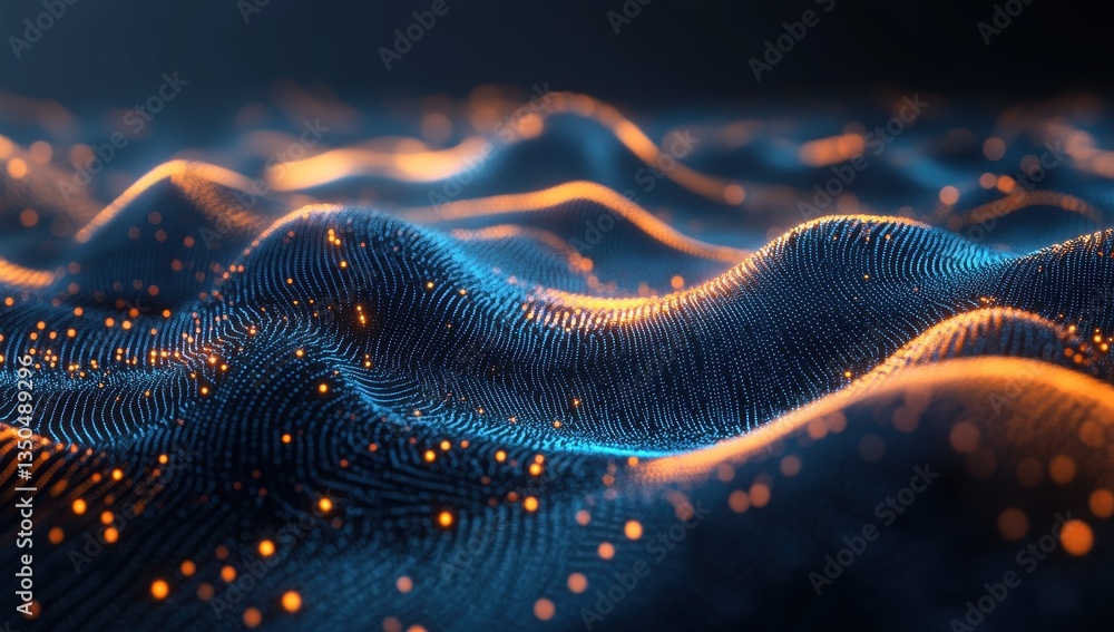 Poster abstract digital waves with glowing particles in dark background for technology, science, and futuri