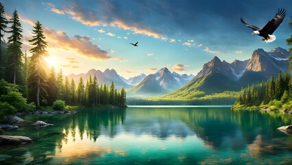 Serene mountain lake sunrise majestic eagles flight.