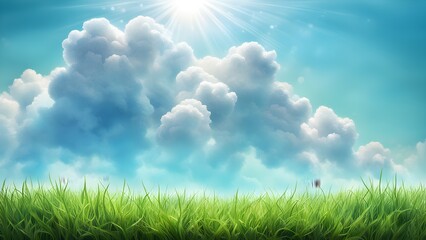 Obraz premium Bright sun shines above fluffy clouds over a field vibrant green grass.
