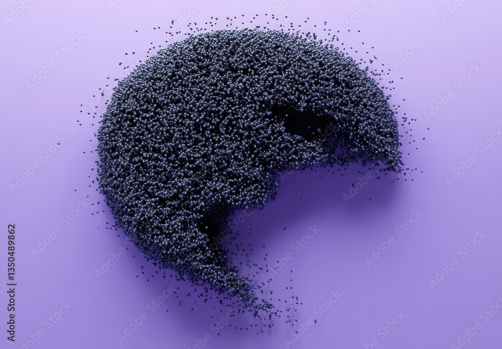 Poster abstract formation of small black particles creating a half-moon shape on a soft purple background, 