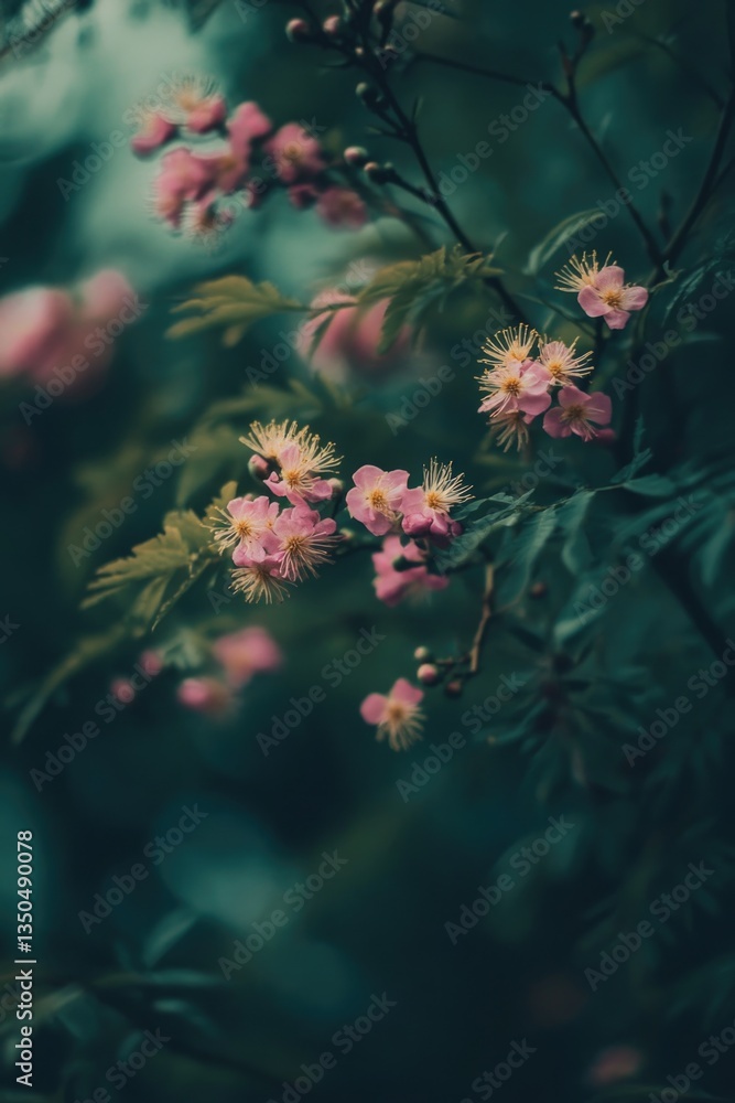 Poster a scene highlighting the fragile flowers of the mimosa tree, emphasizing their charm.