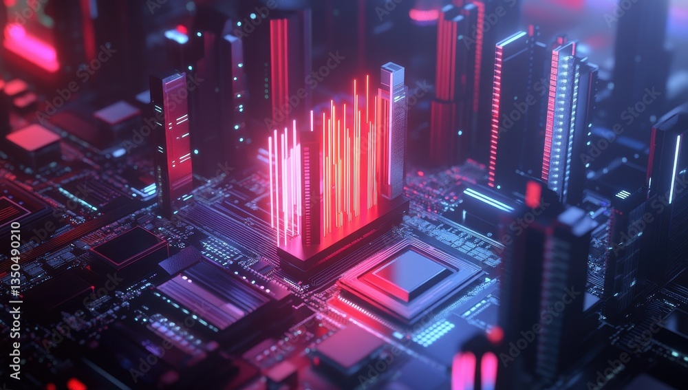 Poster abstract futuristic digital landscape featuring glowing circuits, vibrant light patterns, and a colo
