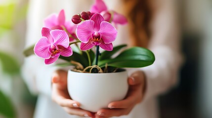 Pink orchid in hands