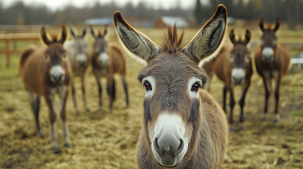 Fototapeta premium Curious donkeys gather in field, their eyes full of curiosity