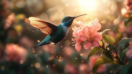 Fototapeta premium Hummingbird feeding on a pink flower at sunset