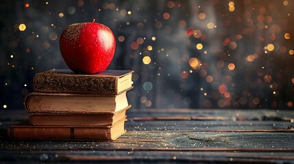 Dedicated education career milestone wish card showcasing teacher desk neatly stacked book apple symbolizing wisdom golden sparkle illuminating space One side remains empty writing personal message