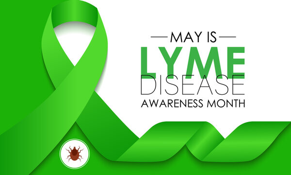 Vector illustration of lyme disease awareness month is observed every year in May. Promote measures to prevent tick bites. Green Realistic Ribbon and tick parasitic arachnid silhouette icon banner.
