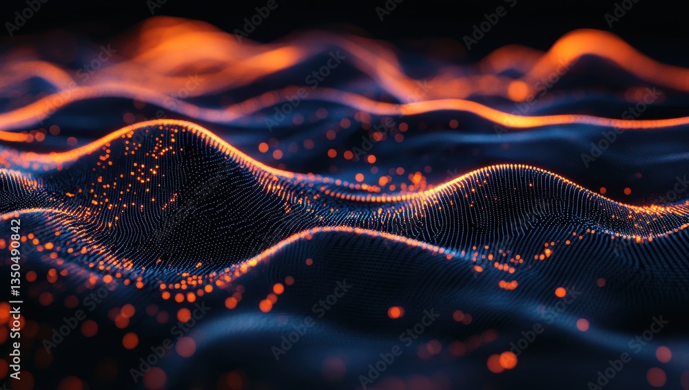 Poster abstract glowing wave patterns illuminated with vibrant orange lights set against a dark background 