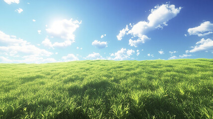 Fototapeta premium Vast green field under bright blue sky with soft clouds