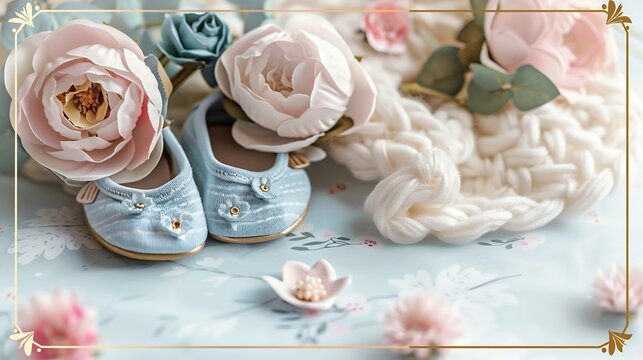 Delightful pregnancy announcement wish card featuring tiny baby shoe soft blanket ultrasound photo pastel florals framing design central blank section golden border available adding parent name baby