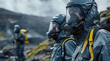 Fototapeta premium Mining Environmental Safety - Workers wearing protective equipment while monitoring environmental safety in a mining site 