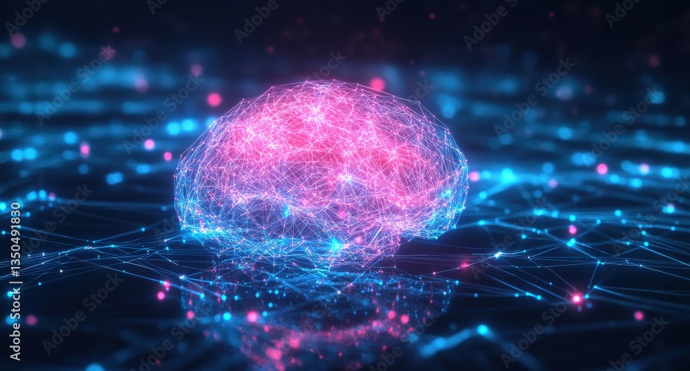 Poster abstract representation of a digital brain with vibrant neon colors and intricate connections illust