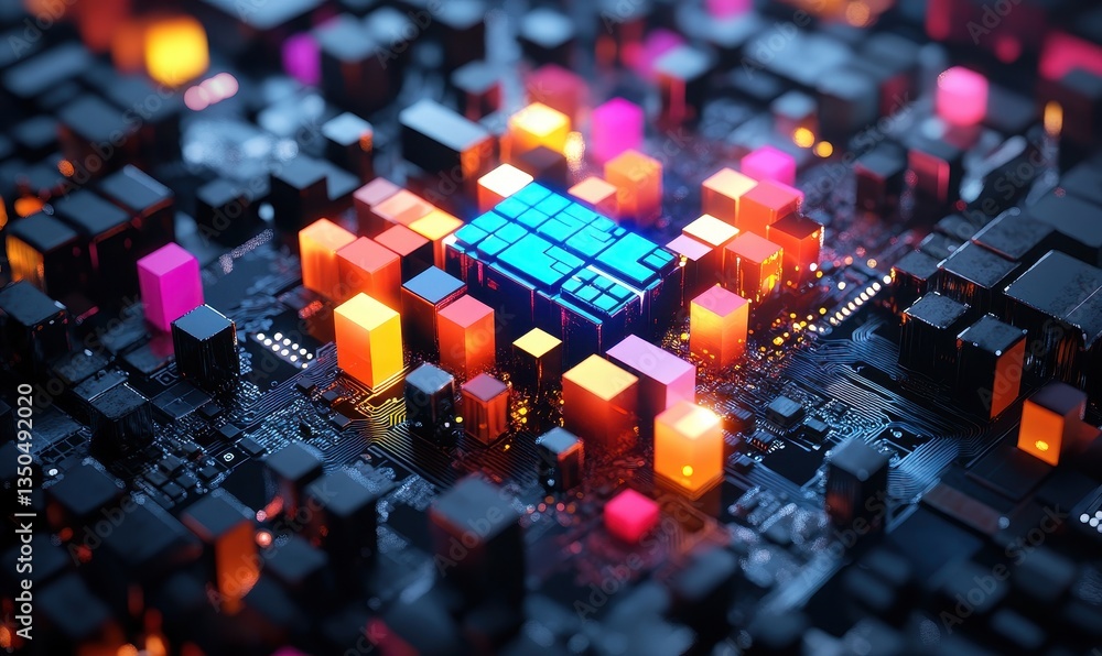Poster abstract representation of a digital motherboard circuit with vibrant colors showcasing technology, 