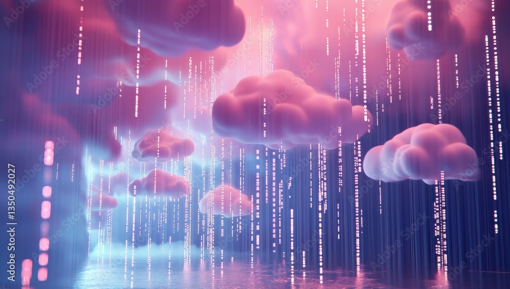 Poster abstract representation of a digital rain with colorful clouds in a surreal atmosphere, evoking emot