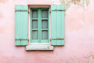 A soft pastel-colored wall complemented by charming mint green shutters.