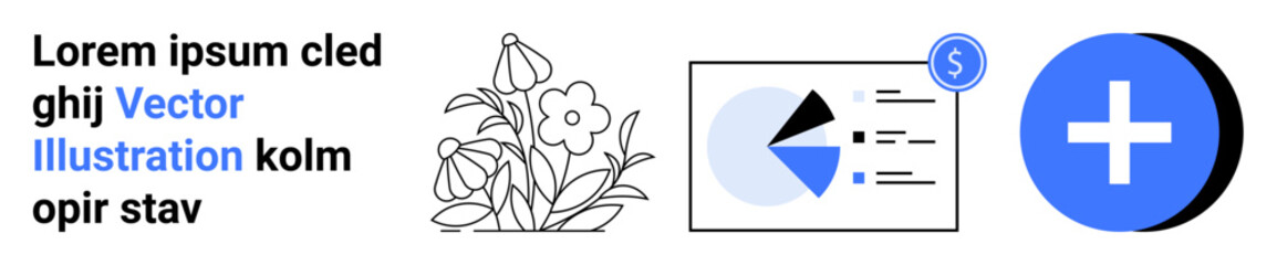 Floral sketch, financial chart with pie and coin, and blue plus sign. Ideal for finance, healthcare, analysis, data presentation, nature, savings simple landing page