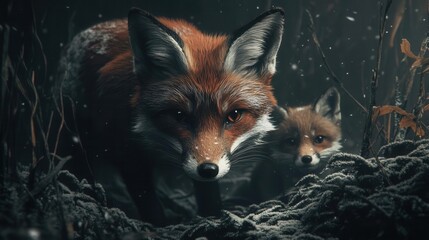 Obraz premium A Majestic Red Fox and Its Adorable Cub in a Snowy Forest Setting Surrounded by Dense Foliage