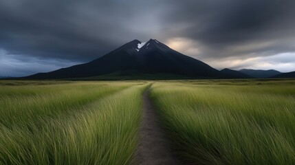 Fototapeta premium A path through a vibrant green field leading to a dramatic mountain peak under a stormy sky