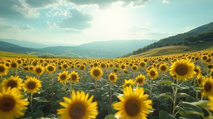 Obraz premium Sunflowers field, mountains, summer, scenic view