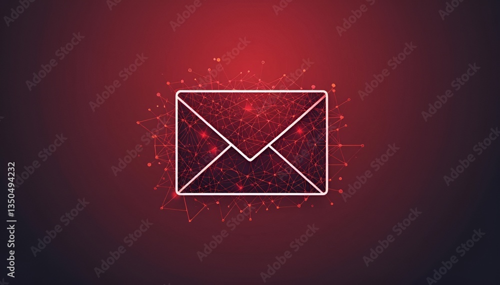 Poster email envelope icon with red connected dots on a dark red gradient background in the center view