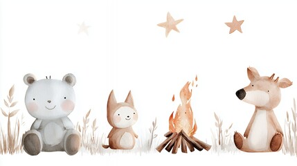 Naklejka premium Adorable Watercolor Animals Around Campfire Under Starry Night Sky