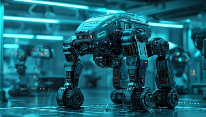 Fototapeta premium AI-Powered Autonomous Security Bot With Ceramic Plating In Autonomous AI Factory