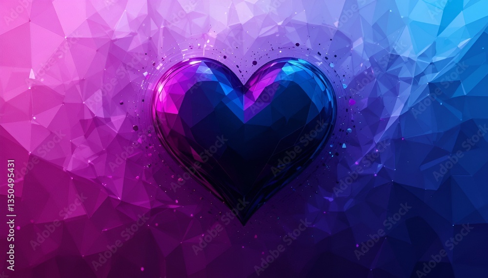 Poster geometric heart with purple and blue gradient background with triangular shapes design art