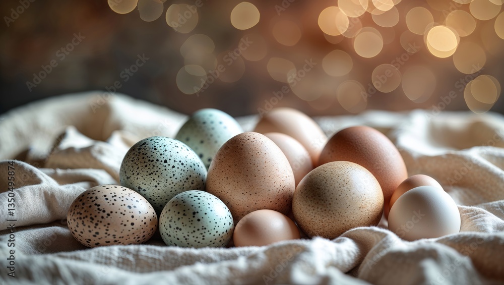 Aufkleber colorful assortment of decorative eggs arranged on soft fabric with blurred background lights creati