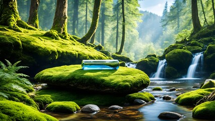 A glass cylinder filled clear water rests moss-covered rocks beside a tranquil waterfall a lush green forest.